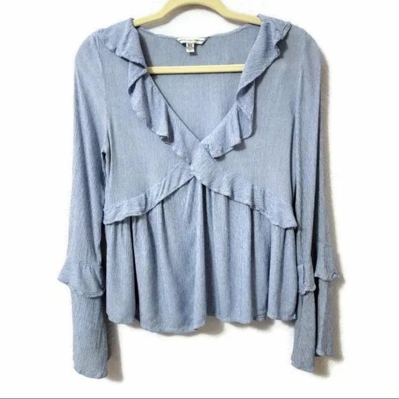 American Eagle Outfitters Deep V Blue & White Stripe Ruffle Top XS - Picture 12 of 12